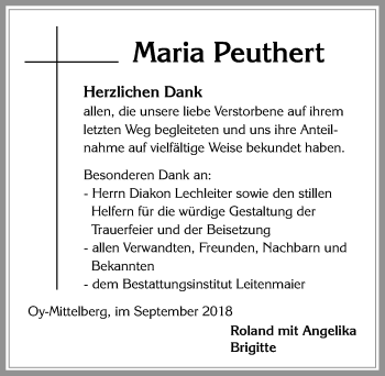 Traueranzeige von Maria Peuthert von Allgäuer Zeitung,Kempten