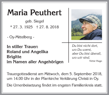 Traueranzeige von Maria Peuthert von Allgäuer Zeitung,Kempten