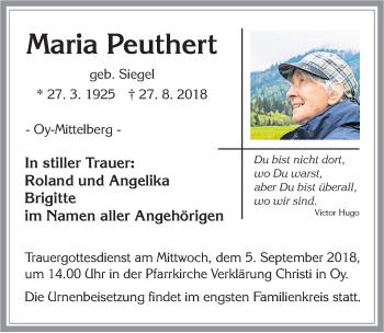 Traueranzeige von Maria Peuthert von Allgäuer Anzeigeblatt