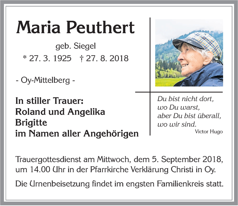  Traueranzeige für Maria Peuthert vom 01.09.2018 aus Allgäuer Anzeigeblatt
