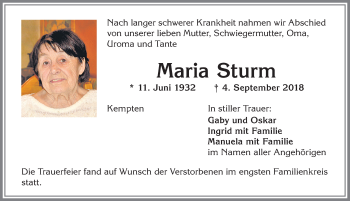 Traueranzeige von Maria Sturm von Allgäuer Zeitung,Kempten