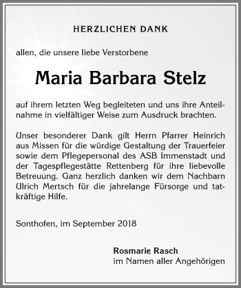 Traueranzeige von Maria Barbara Stelz von Allgäuer Anzeigeblatt