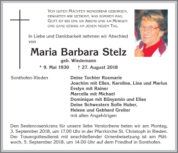 Traueranzeige von Maria Barbara Stelz von Allgäuer Anzeigeblatt