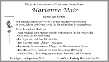 Traueranzeige von Marianne Mair von Allgäuer Zeitung, Füssen