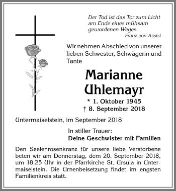 Traueranzeige von Marianne Uhlemayr von Allgäuer Anzeigeblatt