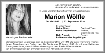 Traueranzeige von Marion Wölfle von Memminger Zeitung