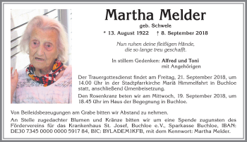 Traueranzeige von Martha Melder von Allgäuer Zeitung, Kaufbeuren/Buchloe