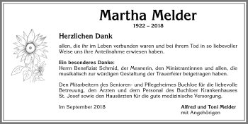 Traueranzeige von Martha Melder von Allgäuer Zeitung, Kaufbeuren/Buchloe