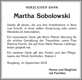 Traueranzeige von Martha Sobolowski von Allgäuer Anzeigeblatt