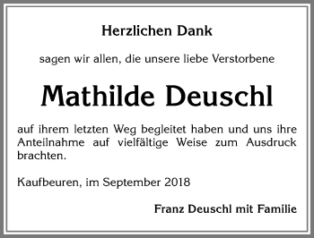 Traueranzeige von Mathilde Deuschl von Allgäuer Zeitung, Kaufbeuren/Buchloe