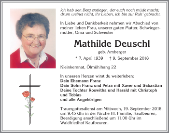 Traueranzeige von Mathilde Deuschl von Allgäuer Zeitung, Kaufbeuren/Buchloe