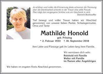 Traueranzeige von Mathilde Honold von Allgäuer Zeitung,Kempten