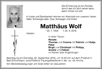 Traueranzeige von Matthäus Wolf von Memminger Zeitung