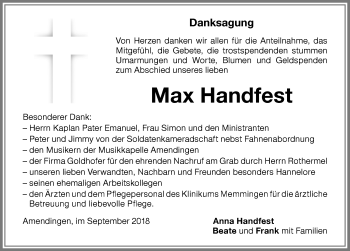 Traueranzeige von Max Handfest von Memminger Zeitung