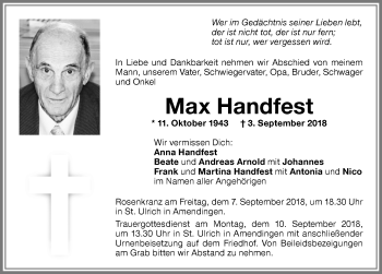 Traueranzeige von Max Handfest von Memminger Zeitung