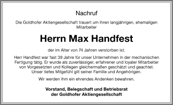Traueranzeige von Max Handfest von Memminger Zeitung