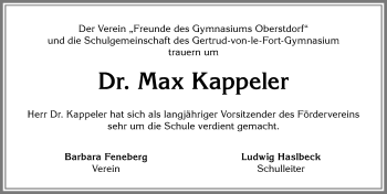 Traueranzeige von Max Kappeler von Allgäuer Anzeigeblatt