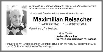 Traueranzeige von Maximilian Reisacher von Memminger Zeitung
