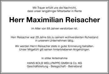 Traueranzeige von Maximilian Reisacher von Memminger Zeitung