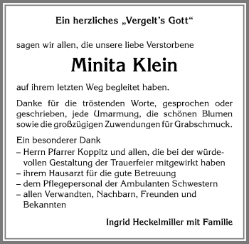 Traueranzeige von Minita Klein von Allgäuer Anzeigeblatt