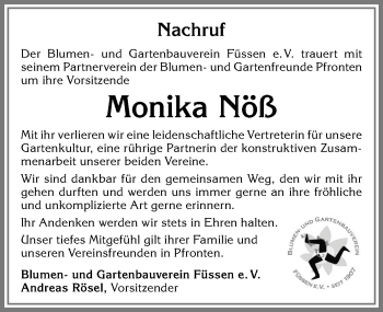 Traueranzeige von Monika Nöß von Allgäuer Zeitung, Füssen