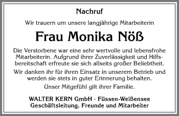 Traueranzeige von Monika Nöß von Allgäuer Zeitung, Füssen