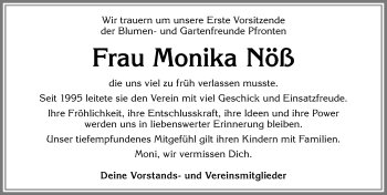 Traueranzeige von Monika Nöß von Allgäuer Zeitung, Füssen