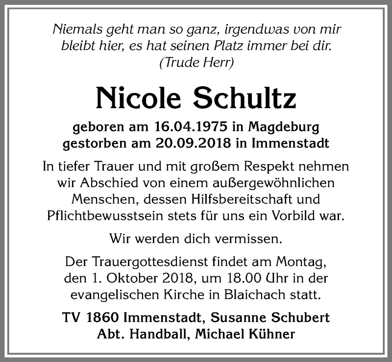  Traueranzeige für Nicole Schultz vom 28.09.2018 aus Allgäuer Anzeigeblatt