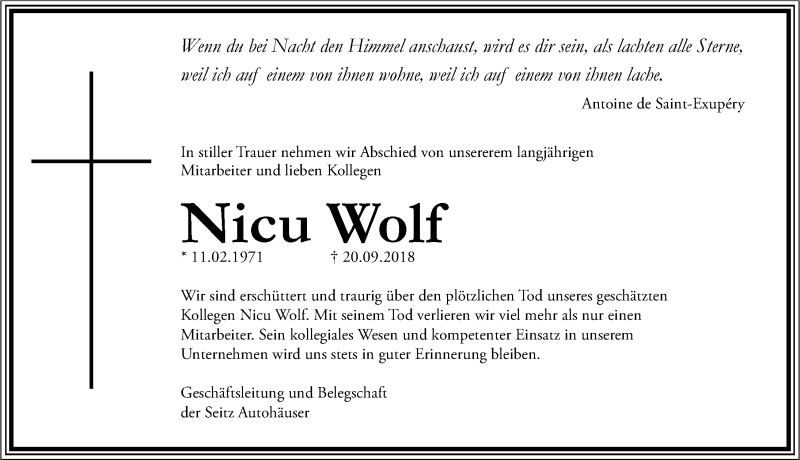  Traueranzeige für Nicu Wolf vom 27.09.2018 aus Allgäuer Zeitung,Kempten