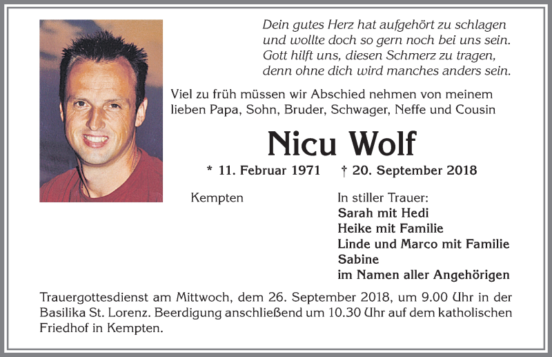  Traueranzeige für Nicu Wolf vom 24.09.2018 aus Allgäuer Zeitung,Kempten