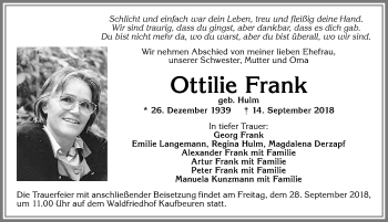Traueranzeige von Ottilie Frank von Allgäuer Zeitung, Kaufbeuren/Buchloe