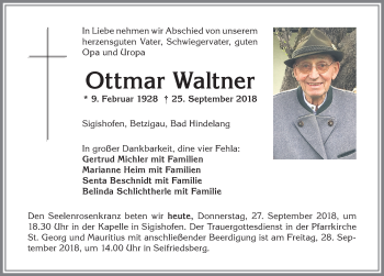 Traueranzeige von Ottmar Waltner von Allgäuer Anzeigeblatt