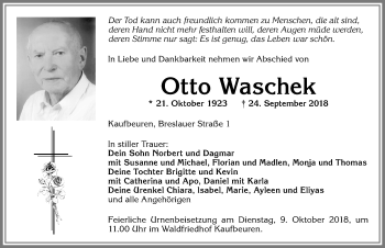 Traueranzeige von Otto Waschek von Allgäuer Zeitung, Kaufbeuren/Buchloe