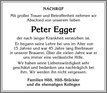 Traueranzeige von Peter Egger von Allgäuer Anzeigeblatt