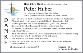 Traueranzeige von Peter Huber von Allgäuer Zeitung, Kaufbeuren/Buchloe
