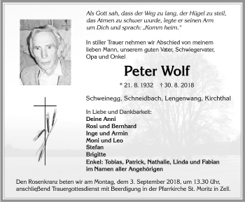 Traueranzeige von Peter Wolf von Allgäuer Zeitung, Füssen
