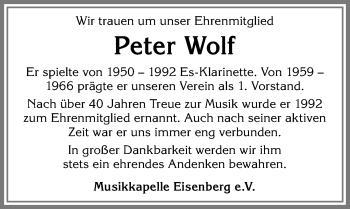 Traueranzeige von Peter Wolf von Allgäuer Zeitung, Füssen