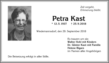 Traueranzeige von Petra Kast von Allgäuer Anzeigeblatt