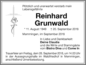 Traueranzeige von Reinhard Grunwald von Memminger Zeitung