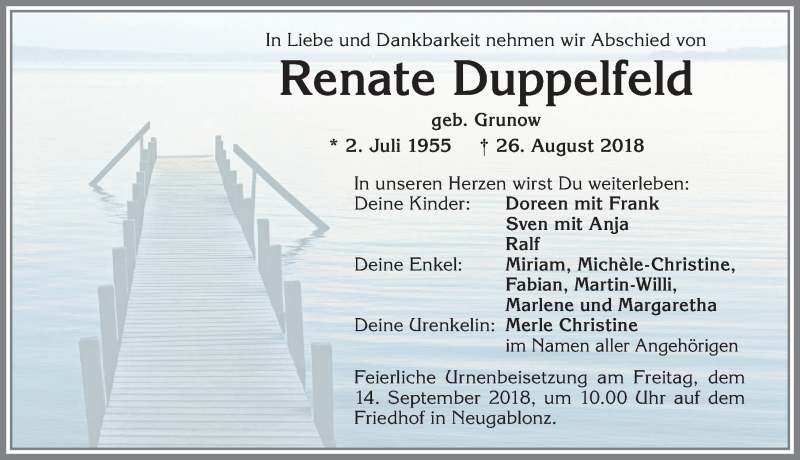  Traueranzeige für Renate Duppelfeld vom 08.09.2018 aus Allgäuer Zeitung, Kaufbeuren/Buchloe