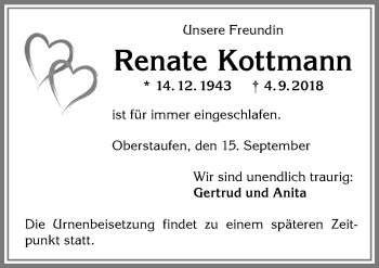 Traueranzeige von Renate Kottmann von Allgäuer Anzeigeblatt