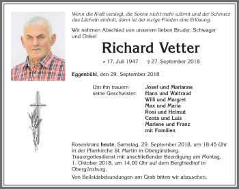 Traueranzeige von Richard Vetter von Allgäuer Zeitung, Marktoberdorf