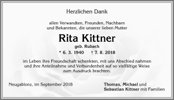 Traueranzeige von Rita Kittner von Allgäuer Zeitung, Kaufbeuren/Buchloe