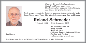 Traueranzeige von Roland Schroeder von Allgäuer Zeitung, Füssen
