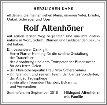 Traueranzeige von Rolf Altenhöner von Allgäuer Anzeigeblatt