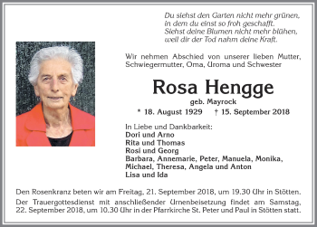 Traueranzeige von Rosa Hengge von Allgäuer Zeitung, Marktoberdorf