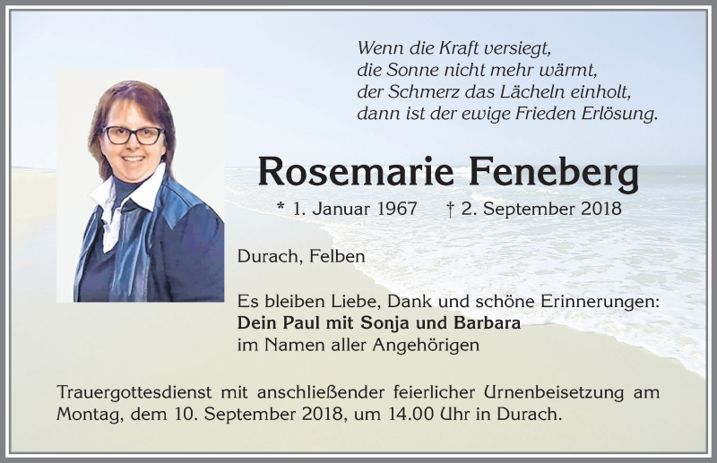  Traueranzeige für Rosemarie Feneberg vom 07.09.2018 aus Allgäuer Zeitung,Kempten