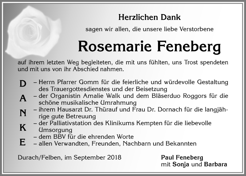 Traueranzeige für Rosemarie Feneberg vom 22.09.2018 aus Allgäuer Zeitung,Kempten