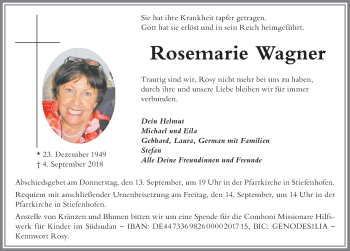 Traueranzeige von Rosemarie Wagner von Der Westallgäuer