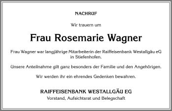 Traueranzeige von Rosemarie Wagner von Der Westallgäuer